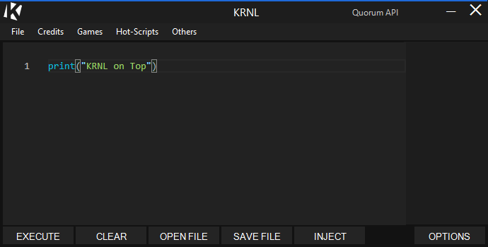 KRNL legacy UI: title bar with KRNL logo, menu bar (File, Credits, Games), script editor with print("KRNL on Top"), and bottom EXECUTE CLEAR OPEN FILE row