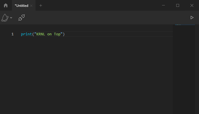 KRNL new UI: dark editor with tabs, toolbar icons, and script view showing print("KRNL on Top")
